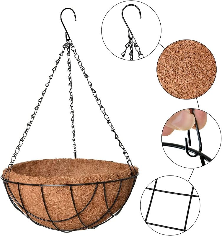 Photo 1 of 12-Inch Metal Hanging Basket Planter with an 15.7-Inch Chain for Plants Outdoor with Coco Coir Liner Round Wire Flower Pots Metal Plant Holder Chain