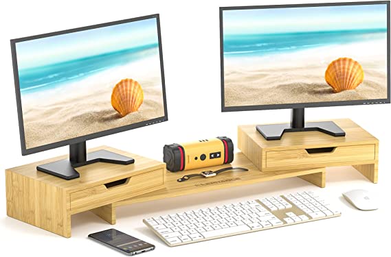 Photo 1 of Elephance Dual Monitor Stand Riser with Adjustable Length and Angle, Bamboo Computer Riser with 2 Extra Drawers, Desk Organizer for Laptop, Computer No Assembly Required