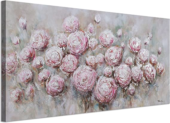 Photo 1 of 60x30 inch Anolyfi Bathroom Decor Flowers Canvas Wall Art Modern Plants Picture Pink Rose Flowers Painting, Living Room Bedrooom Office Home Decor