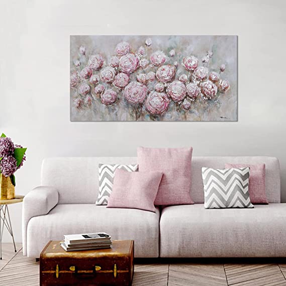Photo 2 of 60x30 inch Anolyfi Bathroom Decor Flowers Canvas Wall Art Modern Plants Picture Pink Rose Flowers Painting, Living Room Bedrooom Office Home Decor