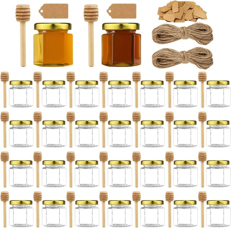 Photo 1 of 30pcs 1.5oz Mini Honey Jars with Lids, Hexagon Glass Spice Jars Mini Honey Bottle with 30pcs Honey stick, 100pcs Kraft paper tag, 2 bundles of hemp rope, for Wedding Party Favors, DIY and More1
