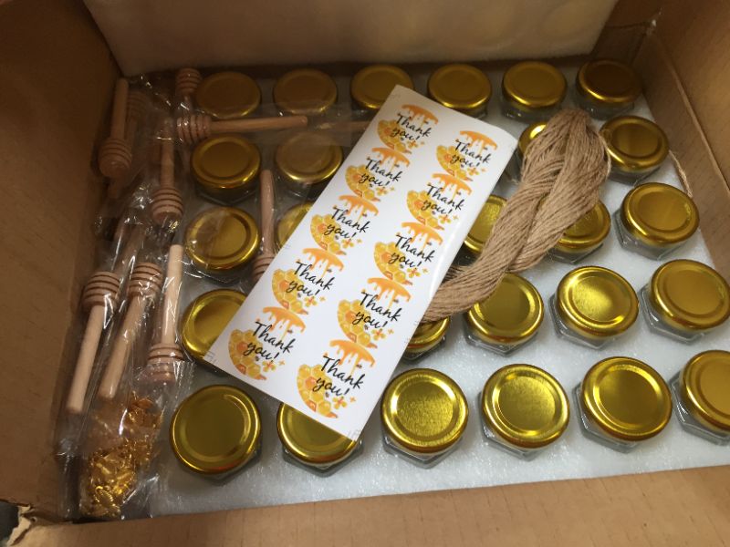 Photo 2 of 30pcs 1.5oz Mini Honey Jars with Lids, Hexagon Glass Spice Jars Mini Honey Bottle with 30pcs Honey stick, 100pcs Kraft paper tag, 2 bundles of hemp rope, for Wedding Party Favors, DIY and More1
