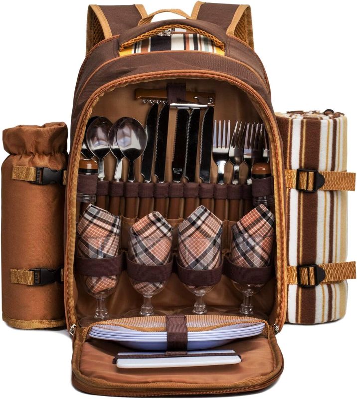 Photo 1 of Apollo Walker Picnic Backpack Bag for 4 Person with Cooler Compartment,Wine Bag, Picnic Blanket(45"x53"),Best for Family and Lovers Gifts (Brown)
