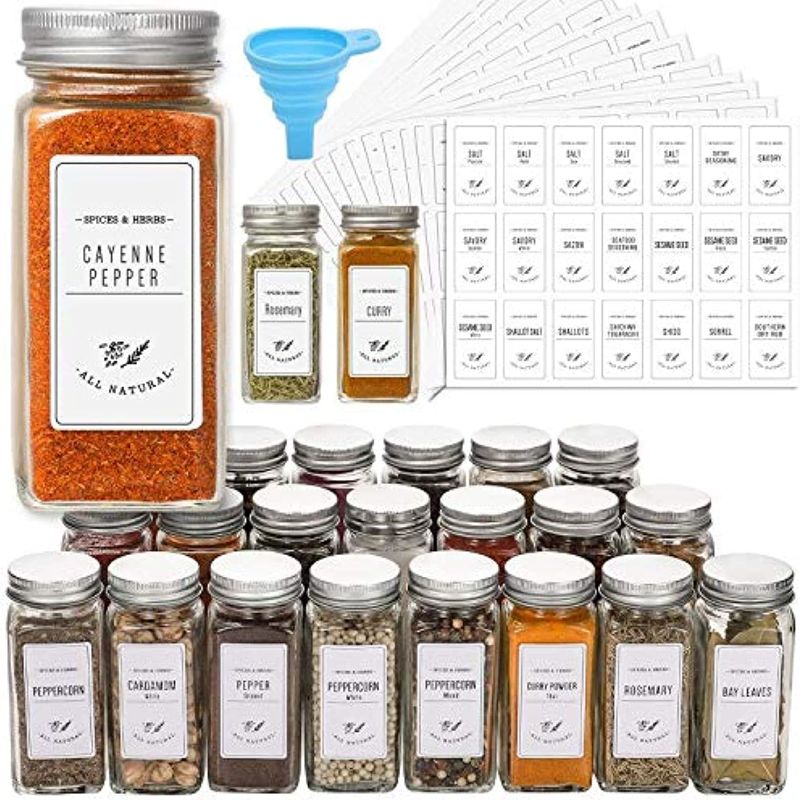 Photo 1 of AOZITA 48 Pcs Glass Spice Jars with White Printed Spice Labels - 4oz Empty Square Spice Bottles - Shaker Lids and Airtight Metal Caps - Silicone Collapsible Funnel
