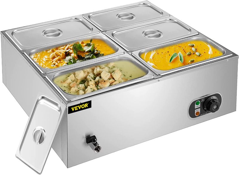 Photo 1 of 110V 6-Pan Commercial Food Warmer, 1200W Electric Steam Table 15cm/6inch Deep, Professional Stainless Steel Buffet Bain Marie 32 Quart Capacity for Catering and Restaurants
