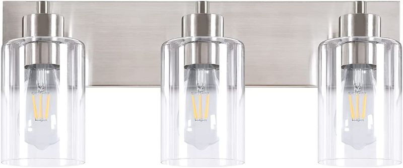 Photo 1 of 3-Light Bathroom Vanity Light Fixtures, Modern Indoor Wall Sconce, Bathroom Lights Over Mirror, Wall Mount Lighting Lamps for Hallway Laundry, Brushed Nickel Finish with Clear Glass Shade, KW-7301-3…
