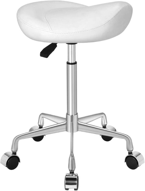 Photo 1 of  Ergonomic Rolling Swivel Saddle Stool with Wheels,Hydraulic Pneumatic Lifting Height Adjustable Lightweight Chair for Clinic Hair Salon Massage Lab Kitchen Home Office (White, Without Back)