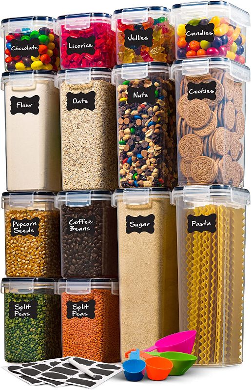 Photo 1 of 14 Pack Airtight Food Storage Container Set - BPA Free Clear Plastic Kitchen and Pantry Organization Canisters with Durable Lids for Cereal, Dry Food Flour & Sugar - Labels, Marker & Spoon Set
