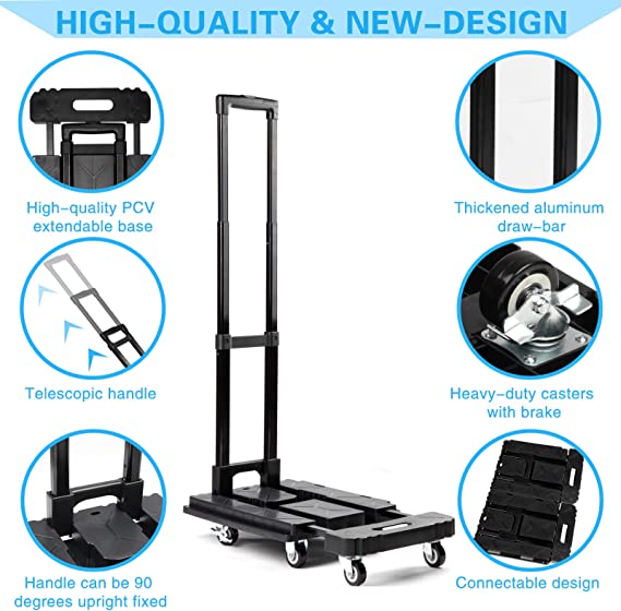 Photo 1 of  Folding Hand Truck with 6 Wheels Collapsible Grocery Cart Dolly for Moving Heavy Duty Foldable Platform Cart, Size-Adjustable