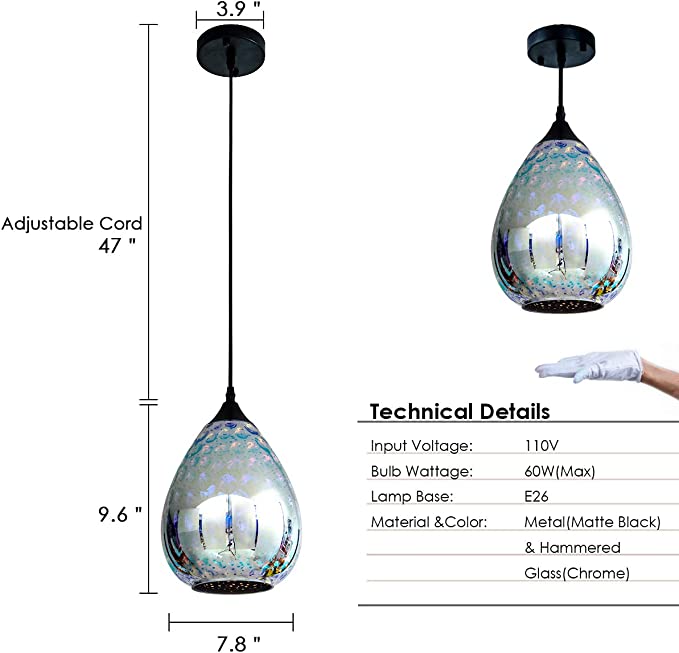 Photo 2 of 3d Glass Pendant Light, Modern Kitchen Pendant Lighting with Colored Hammered Shade, 3D Reflection Glass Hanging Pendant Ceiling Light Fixture for Living Room Bedroom Island Restaurant Bar, 8in Chrome 1-Light,?shade: 7.8 in (1 pack)