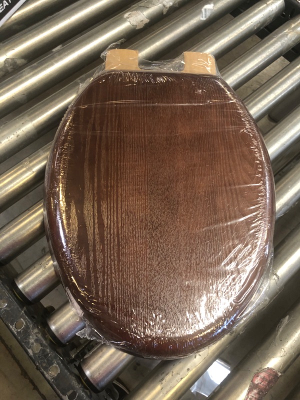 Photo 4 of Angel Shield Durable Wood Veneer Natural Toilet Seat Metal Hinged Easy Clean Anti-scratch American Standard(Elongated,Dark Walnut) Elongated-18.5” Black Wood