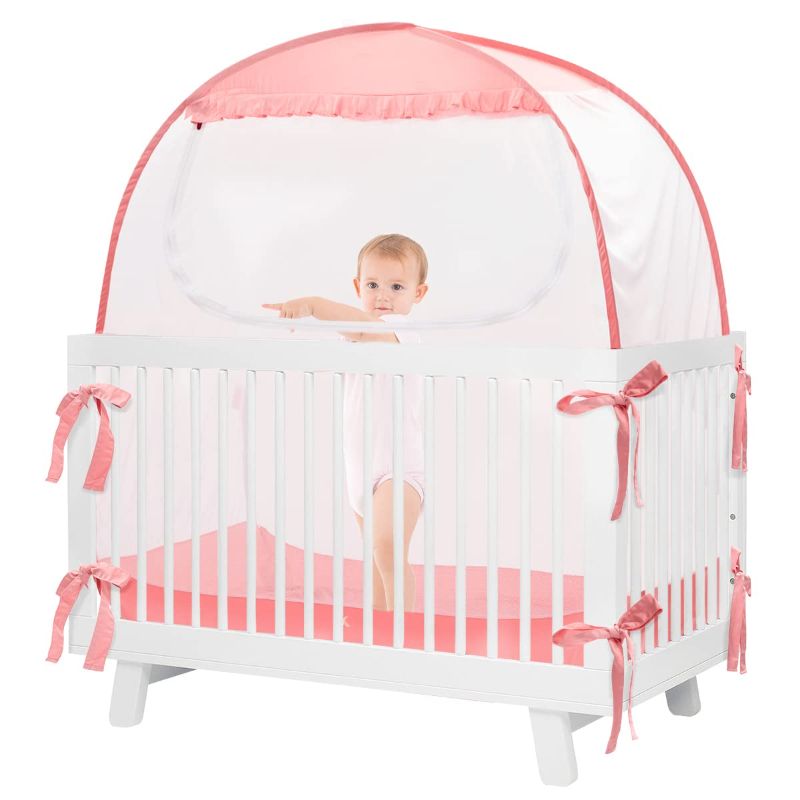 Photo 1 of L RUNNZER Baby Crib Tent, Crib Cover to Keep Baby from Climbing Out, Baby Mosquito Net Safety Tent with Pop-Up Design for Most Standard Cribs, Pink (R18-pink)
