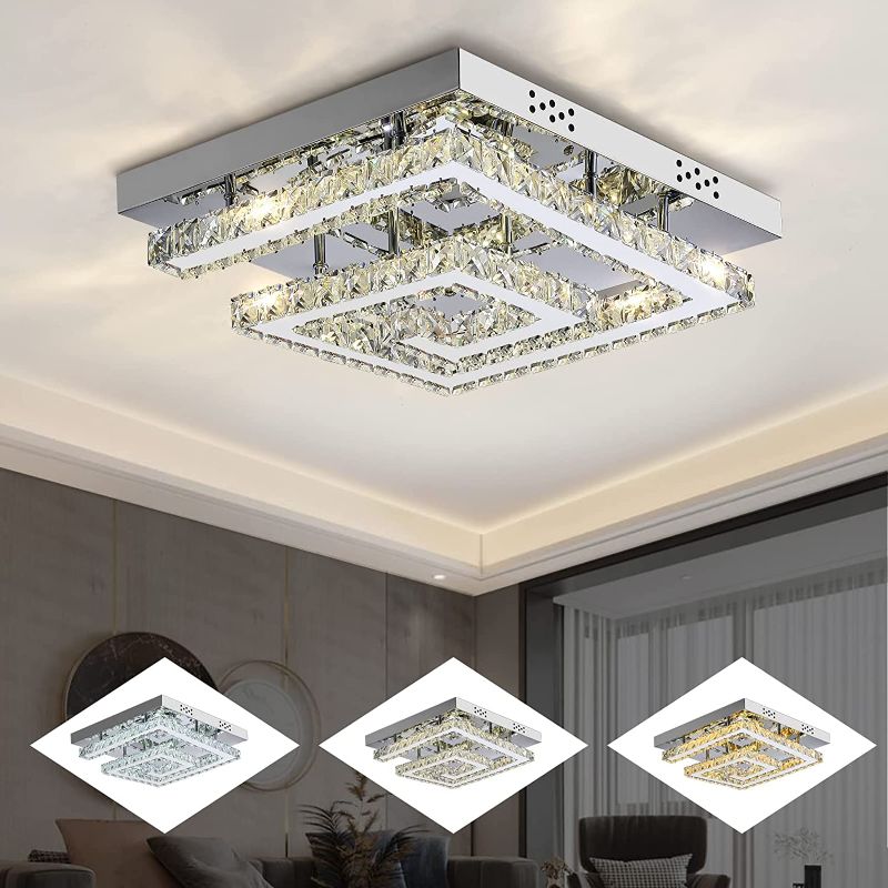 Photo 1 of 15-Inch Small Elegant Rectangular Crystal Ceiling light with Remote Control, Modern Led 3 Color Dimmable Ceiling Light 2 Layers Square Flush Mount Ceiling Lamp for Bedrooms Dining Rooms Hallway
