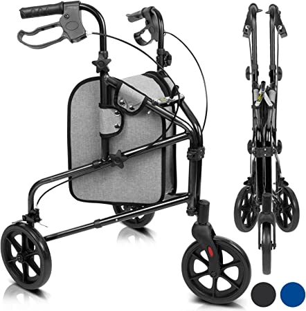 Photo 1 of 3 Wheel Walker - Three Wheeled Rollator for Seniors - Lightweight, Foldable, Narrow, Heavy Duty - for Elderly, Men, Women - Folding 3-Wheel Tri Walking Scooter - with Basket Bag