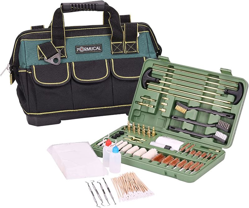 Photo 1 of All in One Gun Cleaning Kit in Tool Bag with Gun Cleaning Patches and Stainlee Steel Cleaning Picks for All Caliber Rifle Handgun Shot Gun Cleaning Hard Case in Wide Mouth Tool Bag.
