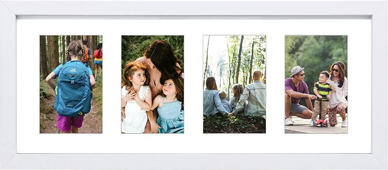 Photo 1 of 8x20 White Collage Picture Frames with 4 Openings, Display Multiple Four 4x6 Photos or 8x20 without Mat, Wood Collage Frame Covered by Plexiglass Wall Mounting Horizontal or Vertical