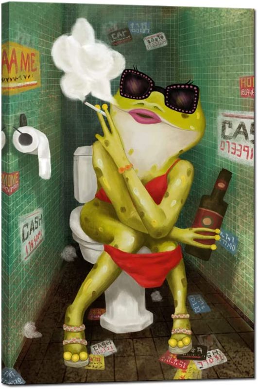 Photo 1 of  Funny Bathroom Wall Art Abstract Frog Smoking and Drinking on Toilet Painting Canvas Print Cool Animal Artwork Modern Bar Pub Bedroom Decor Stretched and Framed Ready to Hang