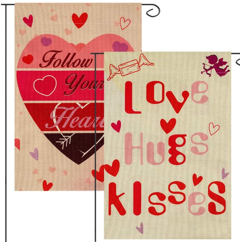 Photo 1 of 2 Packs 12 x 18 inches Valentine's Day Garden Flag- Love Heart& Love Hugs Kisses Quote Vertical Double Sided Decorative Seasonal Outdoor Décor Flag for Valentine Anniversary Wedding Decoration