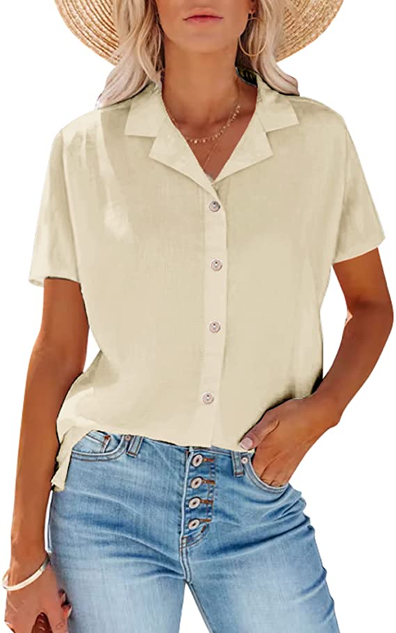 Photo 1 of Zeagoo Women Cotton Shirt Button Down Short Sleeve Linen V Neck Blouse Casual Work Tunic SIZE LARGE