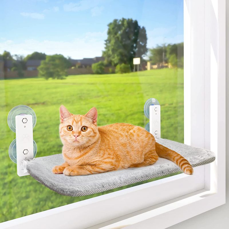 Photo 1 of AMOSIJOY Cordless Cat Window Perch Cat Hammock, Large Cats Window Cat Beds with 4 Suction Cups & Solid Metal Frame, Foldable Cat Seat for Indoor Cats (Medium)

