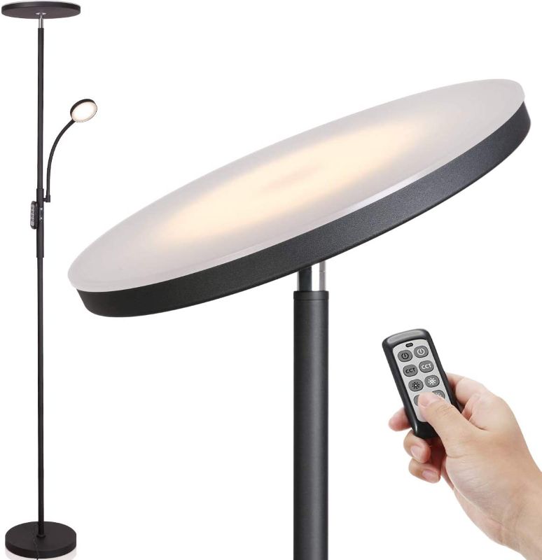 Photo 1 of Led Floor Lamp - Soarz Torchiere Floor Lamp with Adjustable Reading Lamp,2000lumens Main Light and 400lumens Side Reading Light for Living Room, Bedroom, Office, Work with Remote Control, Matte Black 9.5"D x 9.5"W x 68.9"H

