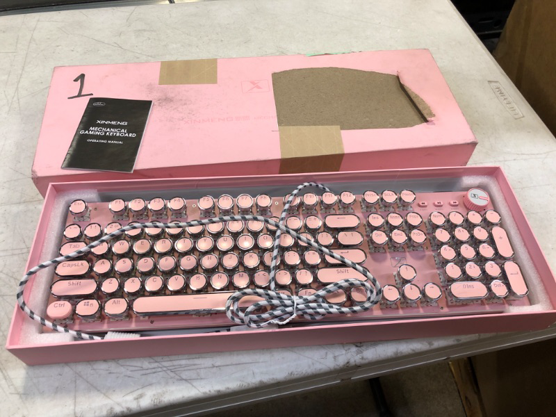 Photo 2 of CC MALL Gaming Keyboard,Retro Punk Typewriter-Style, Blue Switches, White Backlight, USB Wired, for PC Laptop Desktop Computer, for Game and Office, Stylish Pink Mechanical Keyboard (Round Keycaps)
