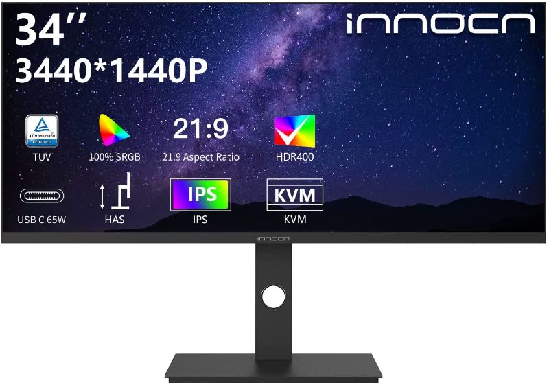 Photo 1 of INNOCN 34" Ultrawide Monitor 21:9 WQHD 3440 x 1440p IPS Display 100% sRGB 75Hz Adaptive Sync HDR400 USB Type-C Monitor, Ultra Narrow Bezels, Height Adjustable, Mountable - 34C1Q
