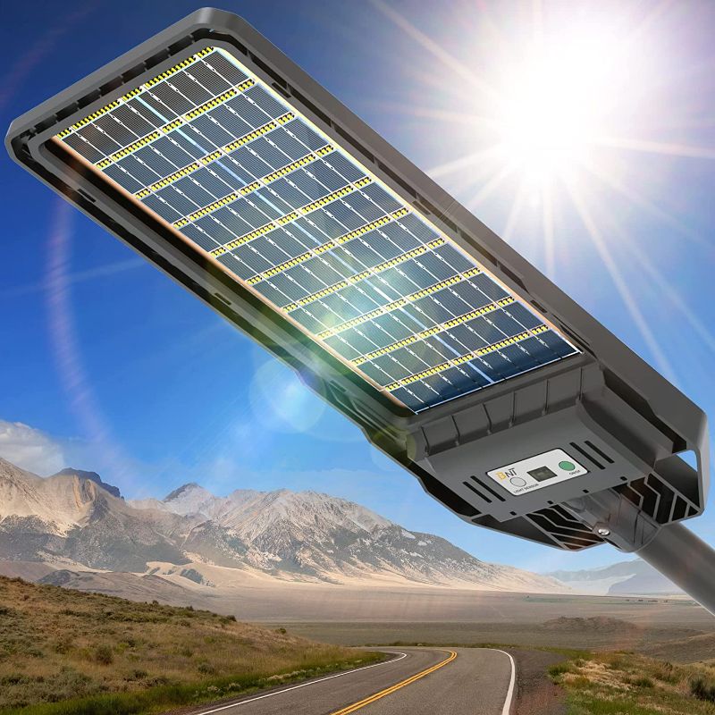 Photo 1 of [2023 Upgrade] 600W Solar Street Light, 60000LM IP66 Waterproof Outdoor Flood Lights with Double Sided Charging, Dusk to Dawn Remote Control Solar LED Light Lamp for Path, Stadium, Yard, Parking Lot