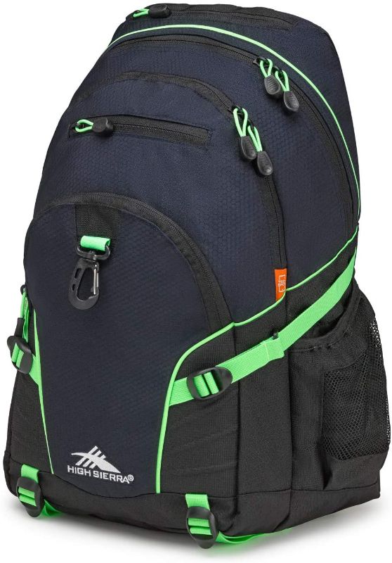 Photo 1 of High Sierra Loop-Backpack, School, Travel, or Work Bookbag with tablet-sleeve, Midnight Blue/Black/Lime, One Size