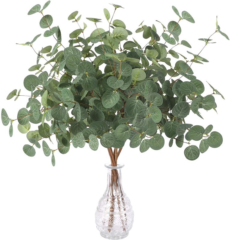 Photo 1 of 6 Pcs Artificial Eucalyptus Leaves Long Stems 25" Tall with 80 Leaves Fake Silver Dollar Eucalyptus Plant Greenery Stems Branches for Farmhouse Vase Bouquets Wedding Greenery Decor