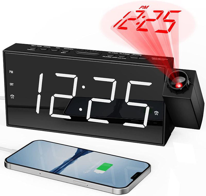 Photo 1 of Projection Alarm Clock for Kids Bedroom,Digital Alarm Clock with Projection on Ceiling Wall,Dual Loud Alarm Clock for Heavy Sleeper,USB Port,Easy to Use,Snooze,Dimmer,Battery Backup,Plug-in,12/24H