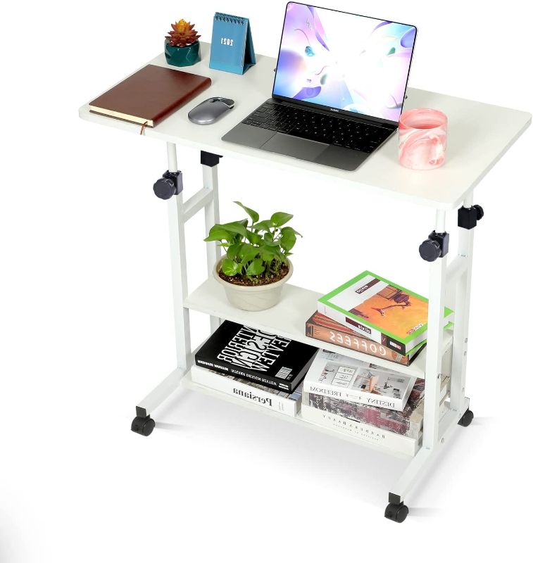 Photo 1 of Home Office Desks Standing Adjustable Height Small Laptop Desk with Storage for Small Spaces Computer Table for Couch Bedrooms Mobile Rolling Portable Student Desk on Wheels Modern Uplift White Desk
