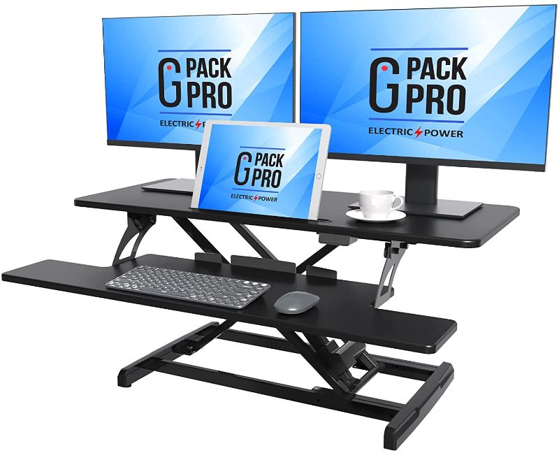 Photo 1 of G-Pack Pro X38 Electric Standing Desk Converter Motorized Stand up Riser for Sit Stand Desk Workstation with Removable Keyword Tray and Space for Dual Monitors -
