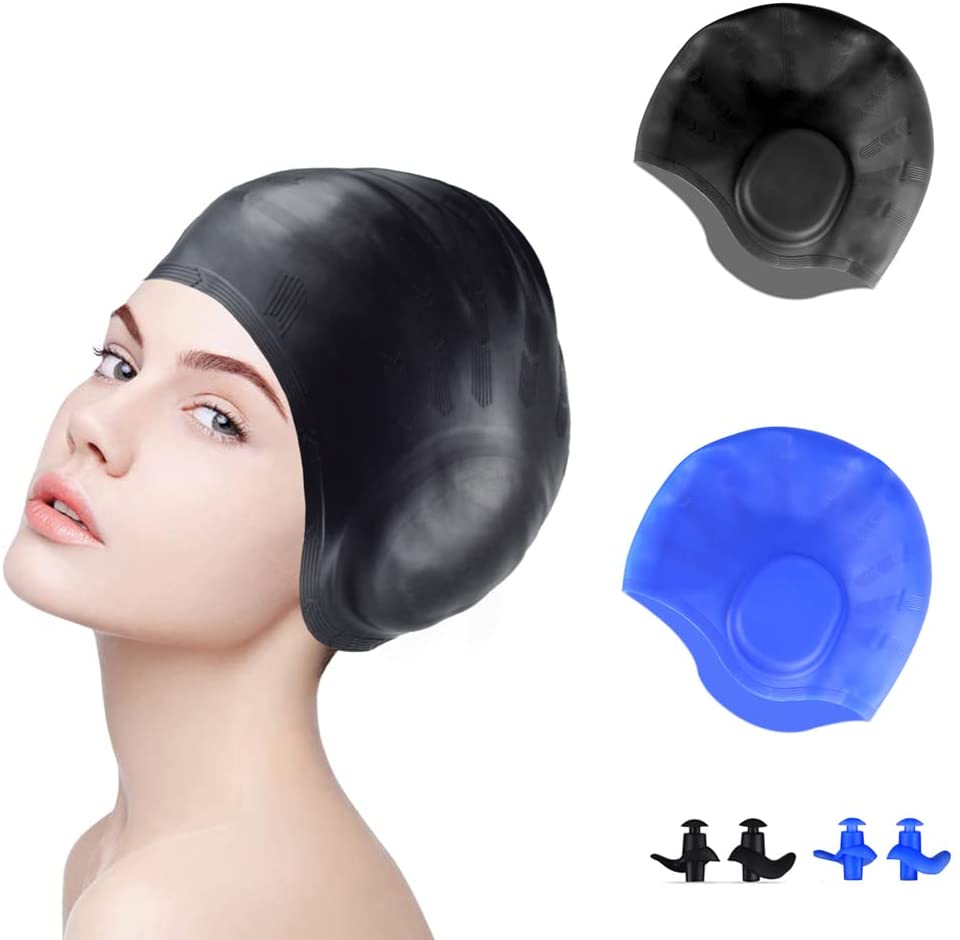 Photo 1 of 2 COUNT 2 Pack Kenoucle Silicone Swim Cap for Women Men, Silicone Waterproof, Comfy Bathing Cap Swimming Hat, Easy to Put On and Off, Suitable for Long and Short Hair