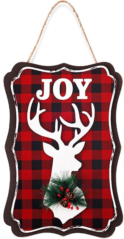 Photo 1 of 2 COUNT Hanging Christmas Wood Sign Plaques Decor, 12 Inches Rustic Wooden Joy Reindeer Sign Cabin Wall Decor with Red and Black Buffalo Plaid Backdrop
