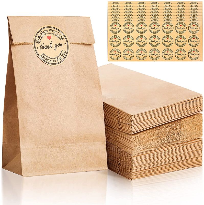 Photo 1 of 500 Pcs Mini Paper Snack Bags Kraft Brown Lunch Bags 3.5 x 2.2 x 7.1 Inch Small Paper Treat Bags with 500 Pcs Round Thank Stickers for Cookie Snack Candy Baby Shower Wedding Party Favors
