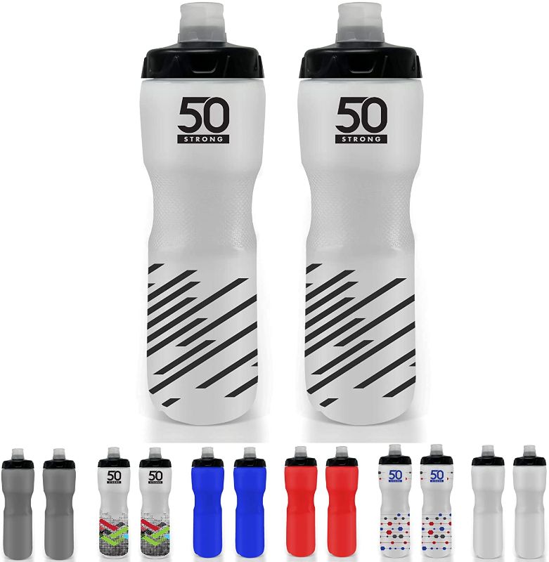 Photo 1 of 50 Strong 28 oz. Sports Squeeze Water Bottle with Premium One-Way Valve Cap - Two Pack of Squirt Bottles - Fits in Most Bike Bottle Holders - Made in USA (Black Stripes)
