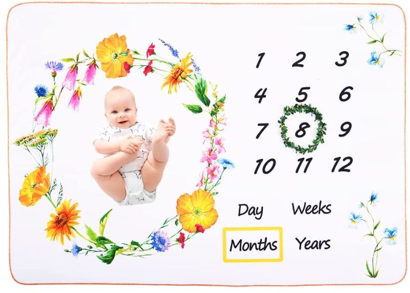 Photo 1 of CHILDREN'S GANG Baby Boy Monthly Milestone Blanket, 60"x40" Baby Girl Month Blanket, Newborn Baby Shower Photography Backdrop Blanket with Floral Wreath + Frames (Flower)
