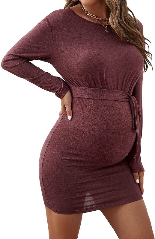 Photo 1 of Cozyease Women's Maternity Drop Shoulder Belted Bodycon Dress Off The Shoulder Elegant High Waist Short Dress size medium
