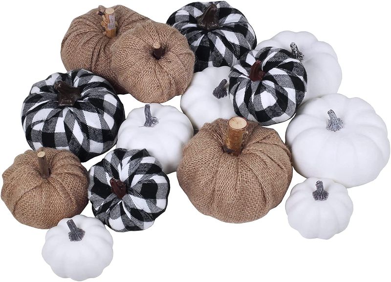 Photo 1 of Artificial White Pumpkins and Burlap Pumpkins Assorted Faux Harvest Pumpkins for Fall Wedding Thanksgiving Halloween Seasonal Holiday Tabletop Decoration Centerpiece 14 Pcs
