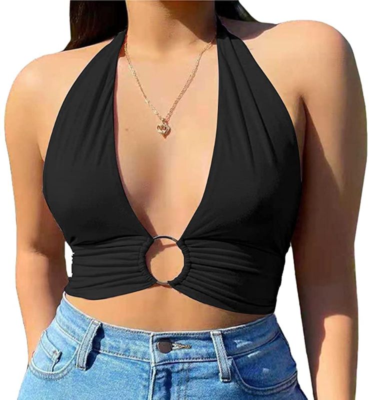 Photo 1 of OOTaoper Women's Halter Wrap Y2K Crop Top Lace Up Metal Front Solid Strappy Self-Tie Backless Cami Tank Tops
SIZE LARGE