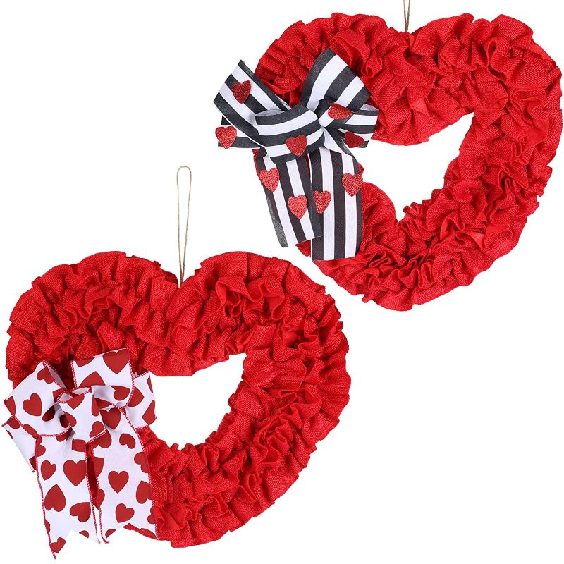 Photo 1 of 2 Pcs 15.7 Inch Large Valentines Day St. Patrick's Day Burlap Wreath, Handmade Buffalo Heart Shaped Plaid Bows Wreath for Front Door Farmhouse Valentine's Day Decors Party Supplies (Heart)
