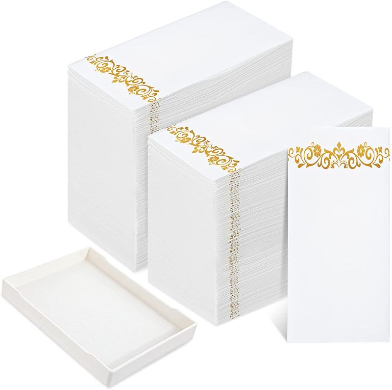Photo 1 of 200 Pack Disposable Paper Napkins with Holder Tray Dinner Guest Towels Golden Linen Feel Paper Bathroom Hand Towels Soft, Absorbent Napkins for Kitchen, Wedding Parties, Dinners or Events
