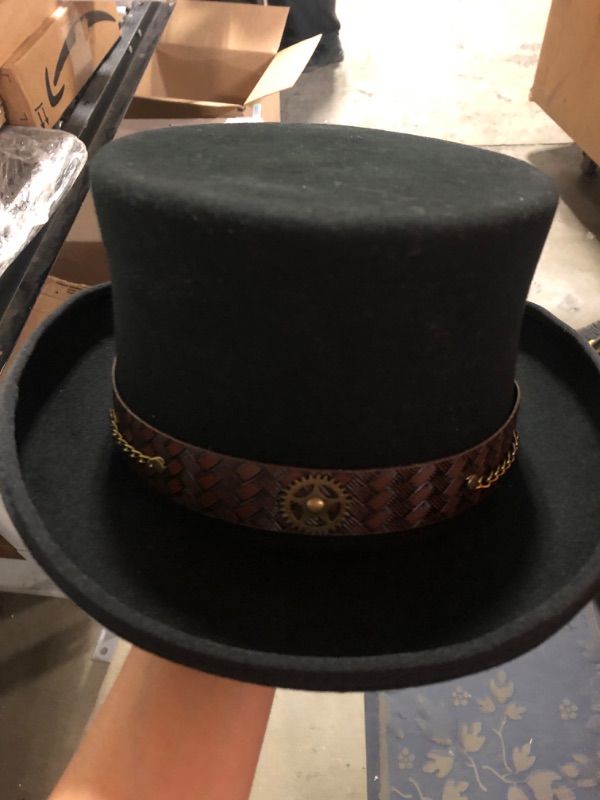 Photo 2 of 100% Wool Victorian Western Steampunk Costume Top Hat with Leather Band and Chain