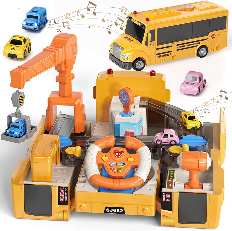 Photo 1 of Kids Adventure Toy for 3 4 5 6 Year Old Boys Girls, Race Track School Bus Toys for Boys Age 3, Construction Car Toys for Toddlers 2-4 Years, Musical Steering Wheel Toy, TEMI Christmas Birthday Gifts CONSTRUCTION SITE