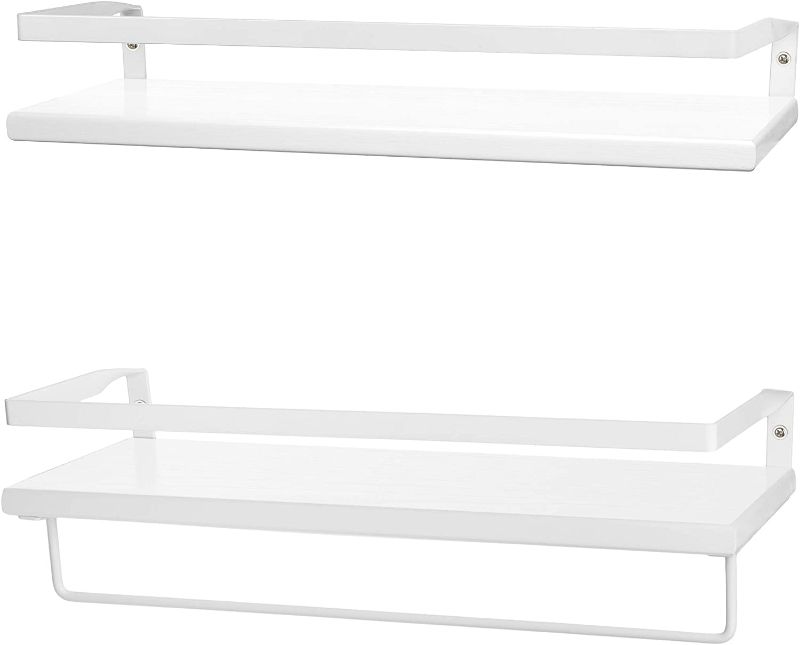 Photo 1 of Peter's Goods Modern Floating Shelves with Rail - Wall Mounted Bathroom Wall Shelves with Towel Bar - Also Perfect for Bedroom Decor and Kitchen Storage - Solid Pine Wood Shelf Set of 2 (White)