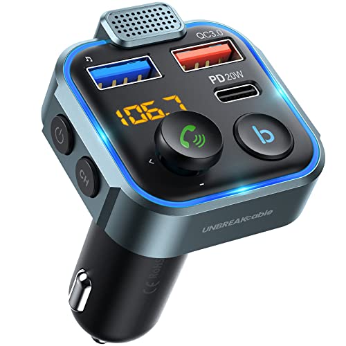 Photo 1 of UNBREAKcable Bluetooth 5.0 FM Transmitter for Car, [PD 20W + QC 3.0] [Stronger Microphone & HiFi Bass Sound] Cigarette Lighter Radio Music Adapter Charger, Supports Hands-Free Siri Google Assistant