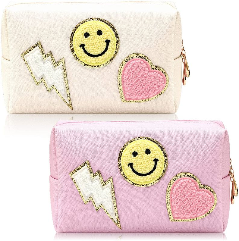 Photo 1 of 2 Pieces Preppy Patch Makeup Bag Small Smile Heart Preppy Cosmetic Bag PU Leather Portable Waterproof