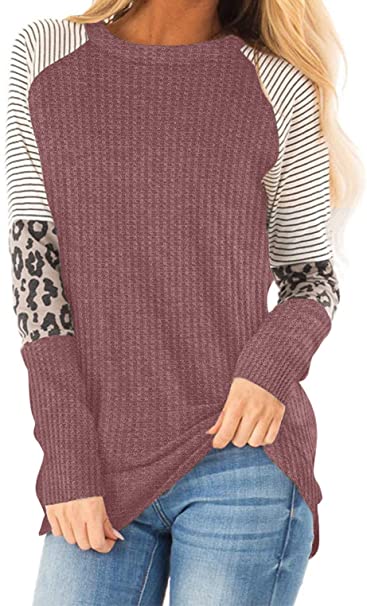 Photo 1 of IWOLLENCE Women's Long Sleeve Tops Waffle Knit Tunics Leopard Stripe Color Block Casual Shirts Round Neck Sweatshirt SIZE XL 