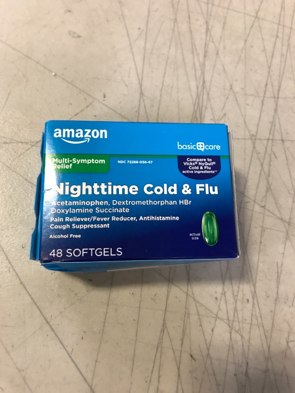 Photo 2 of Amazon Basic Care Nighttime Cold & Flu, 48 Softgels EXP 10/24